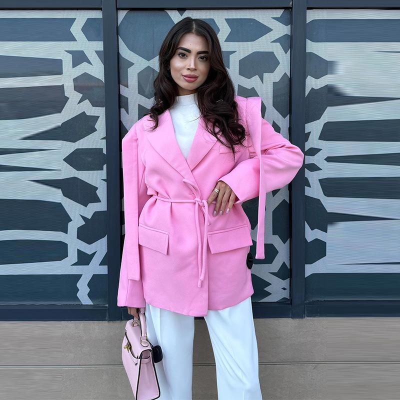 Женский блейзер с лацканами, завязывающимся поясом, пиджак, свободная повседневная и офисная куртка 2025 весна/лето, тонкое пальто с длинным рукавом