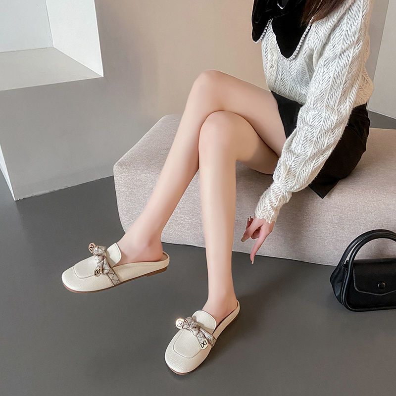 Тапочки Baotou, женская верхняя одежда на весну и лето 2025 года, новые модные тапочки с плоским дном и бантом на низком каблуке, нескользящие, ленивые, классные