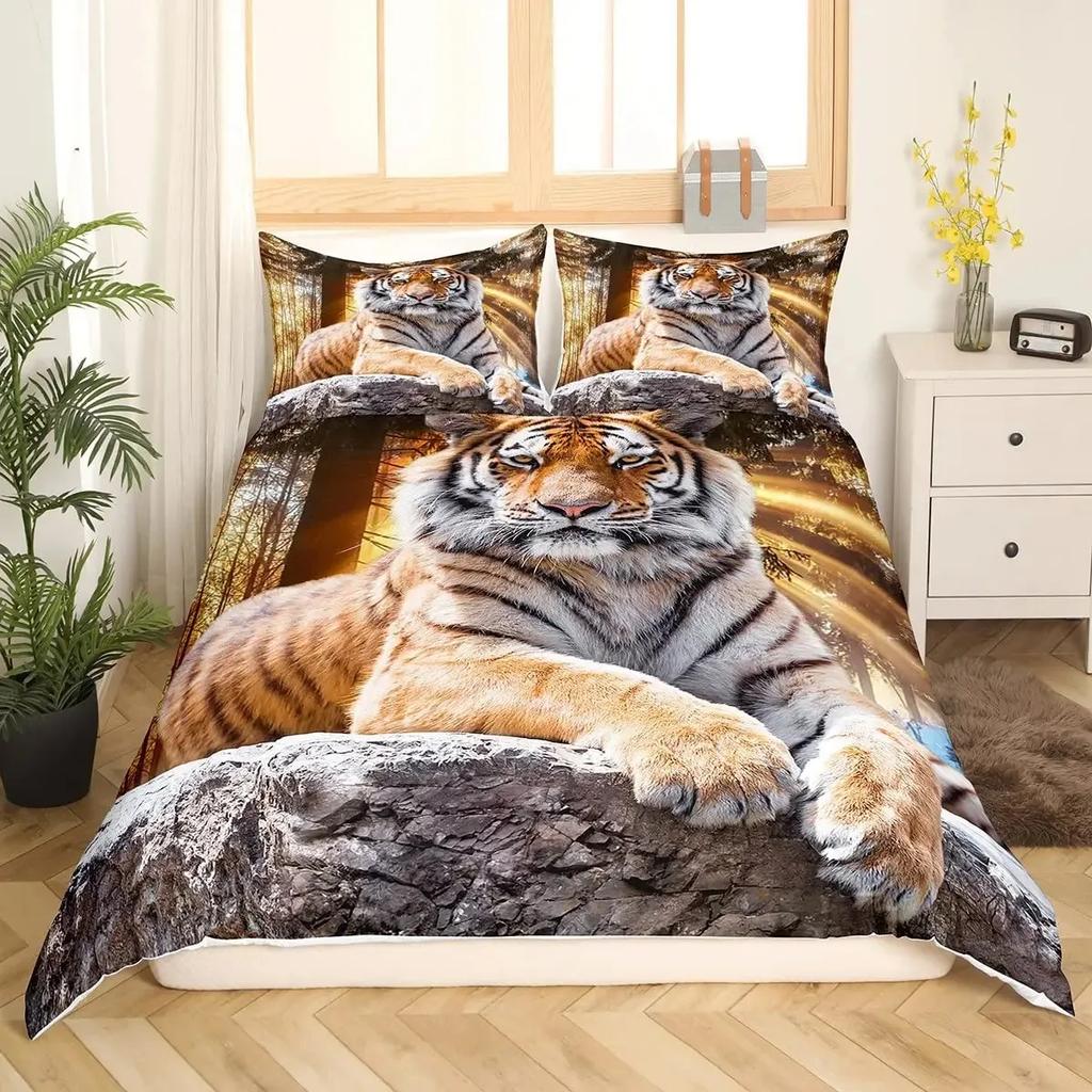 Tiger Duvet Cover Sets Full Size King Size,African Animals Bedding Set,Tropical Wild Animal Comforter Cover Quilt Cover