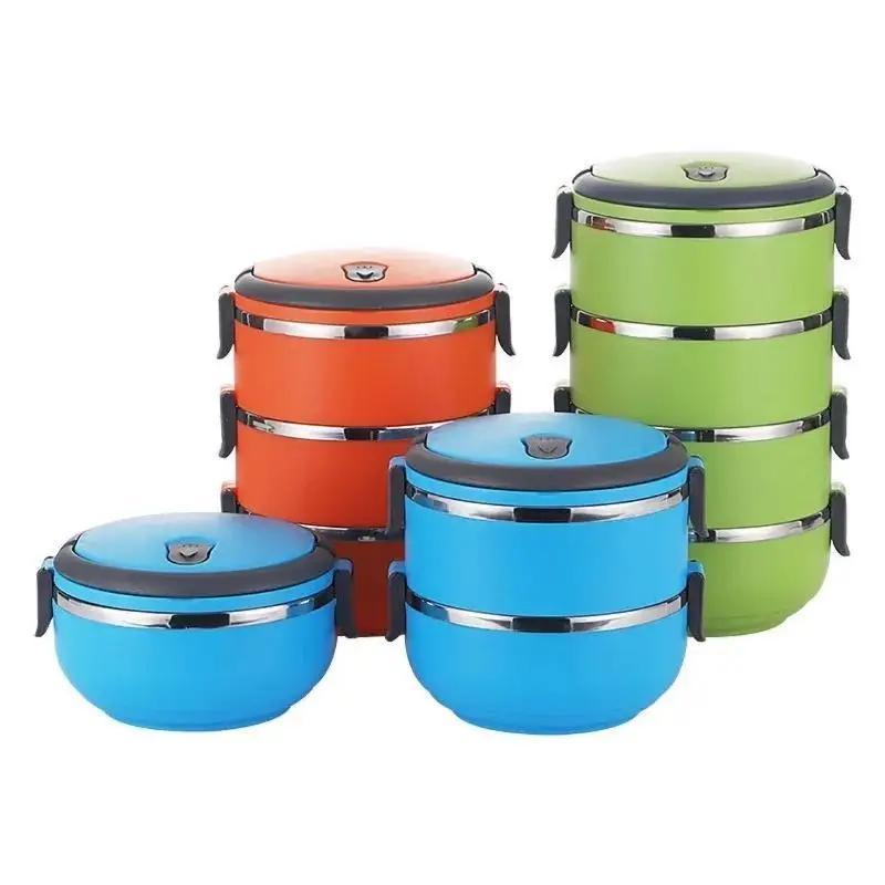 Многослойный ланч-бокс из нержавеющей стали с термоизоляцией, круглый герметичный ланч-бокс, портативный ручной бенто-бокс для студентов и офисных работников