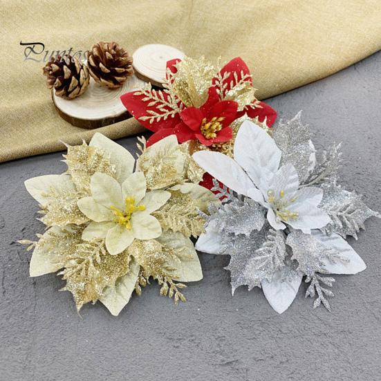 10Pcs/Set Christmas Artificial Flower Glitter Leaves Red Golden Silver-color Layered Xmas Tree Wreath Decoration Fake Flower Photo Props