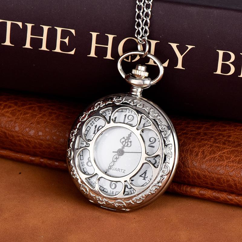 Fashion Vintage Women Quartz Pocket Watch Alloy Flowers Hollow Out Lady Girl Sweater Chain Necklace Pendant Clock Gifts