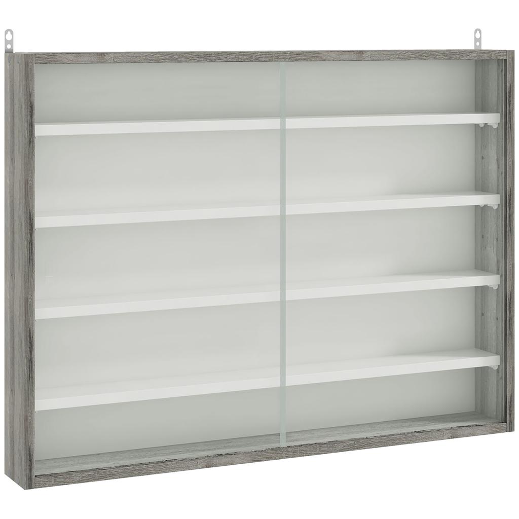 5-Tier Wall Display Shelf Unit Cabinet w/ 4 Adjustable Shelves Glass Doors Home Office Ornaments 60x80cm Grey Wood Grain