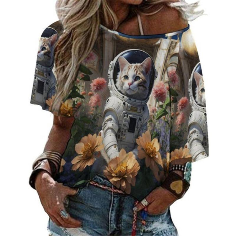 Летняя женская футболка с круглым вырезом, модная уличная футболка с коротким рукавом, 3D-принт с изображением кота, женская одежда больших размеров