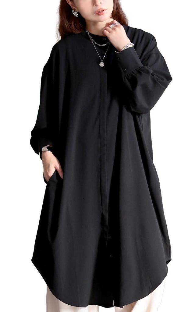 Gold Japan Plus Size Long Band Round Size Women's Dress, Sleeves, Collar, Pockets, Cut, Autumn, Winter, Spring, 5L, Black, sum-0033