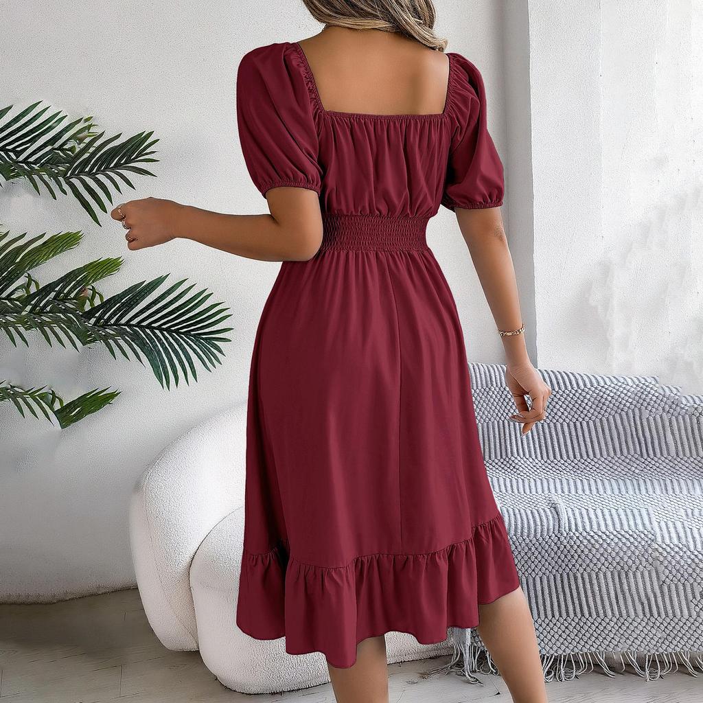 Женское осенне-зимнее темпераментное однотонное плиссированное платье с высокой талией и короткими рукавами на шнуровке