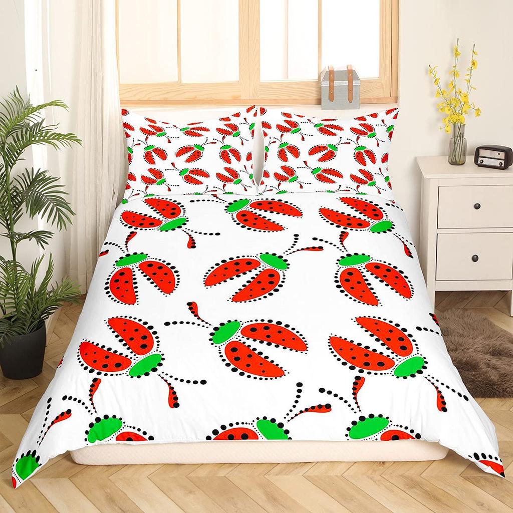 Ladybug Comforter Cover Set Ladybug On Green Leaf Duvet Cover Wild Wildlife Theme Microfiber Bedding Set 3pcs for Kids Teens
