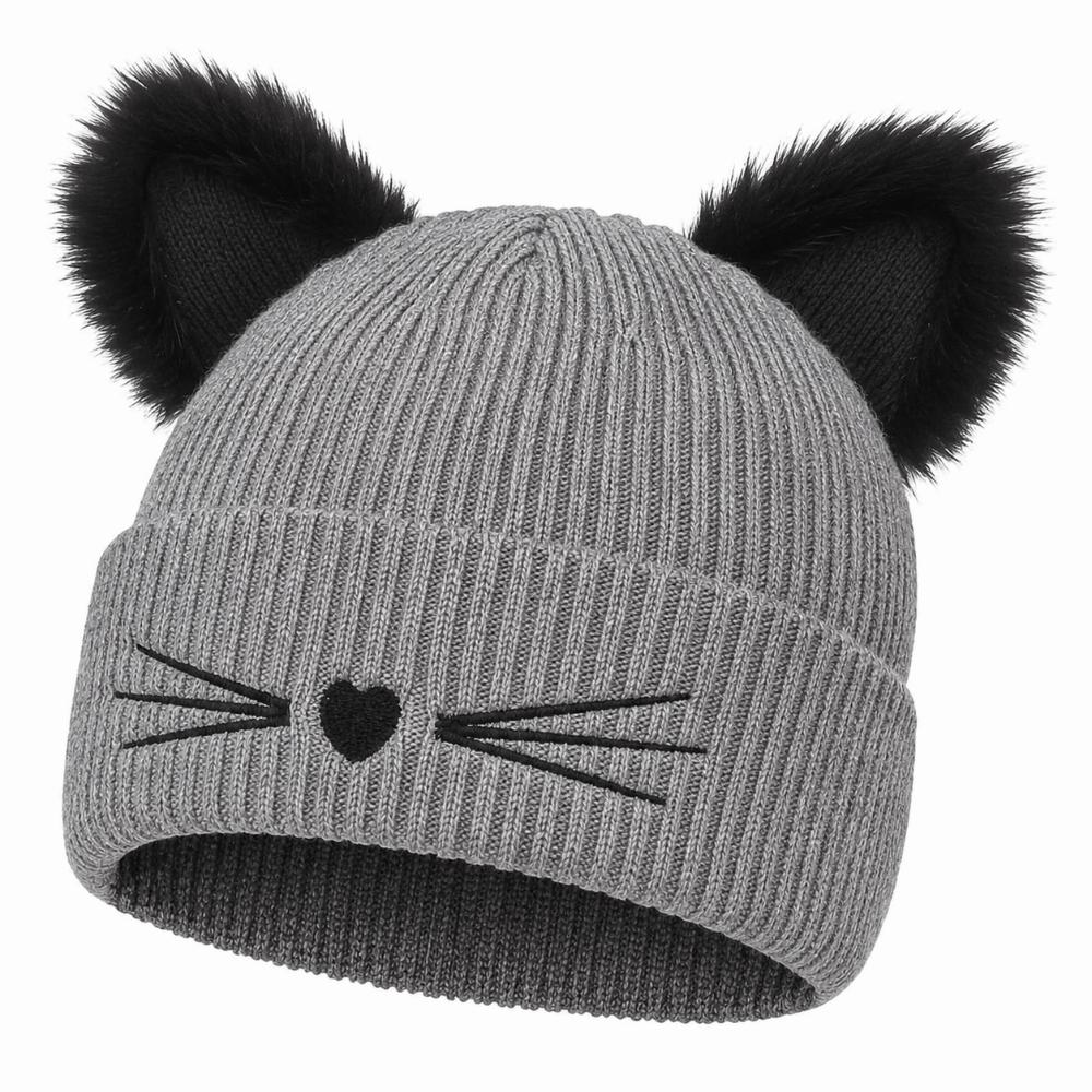 Embroidery Cat Ear Beanie Faux Fur Skull Cap Streetwear Winter Hat Autumn Winter