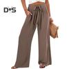 Женские брюки с эластичной талией, повседневные свободные брюки с карманами, однотонные широкие длинные брюки для работы и отдыха
