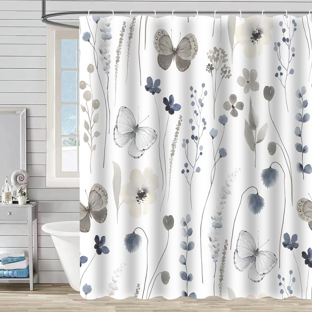 Digital Printing Shower Curtain Waterproof And MildewProof Curtain Watercolor Flower Flower Plant Flower Ben Bathroom Partition Free Punching