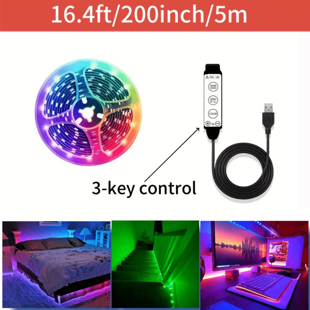 USB Powered RGB Light Strip Static Modes 3 Key Control LED Light Strip Dynamic Modes Color Light TV Background Light