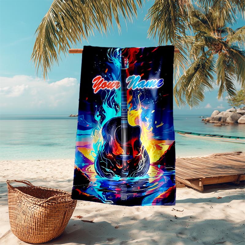 1PC Custom Name Guitar Flames Artwork Beach Towel Highly Absorbent And Sand-Resistant Towel for Swimming, Pool, Yoga, And Travel Lightweight