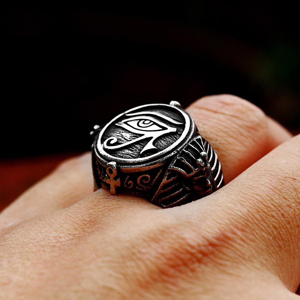 New Design Vintage Stainless Steel Eye of Horus Ring For Men Punk Ancient Egypt Pharaoh Text Symbol Rings Amulet Jewelry Gifts