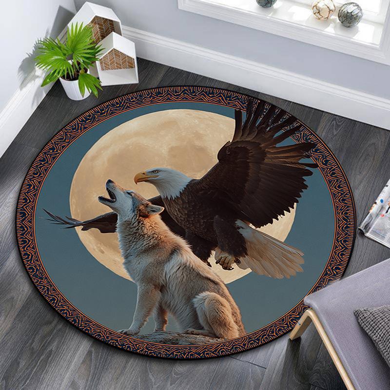 Eagle Wolf Round Area Rug,Carpet Rug for Living Room Bedroom Sofa Playroom Decor,Non-slip Floor Mat