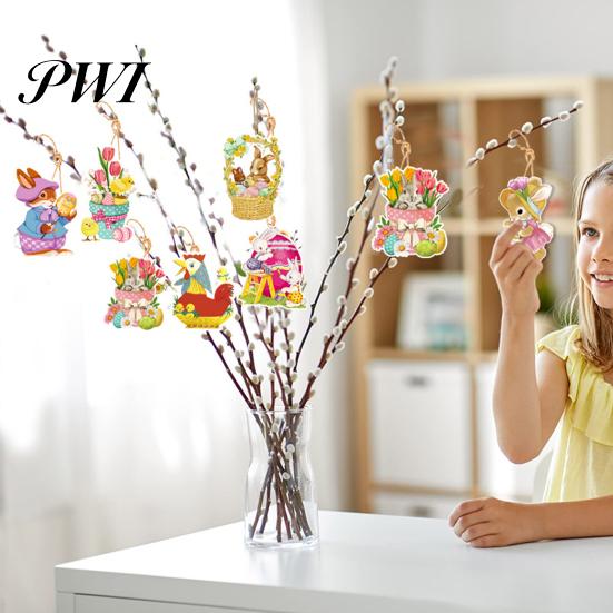 Easter Door Hanger 8Pcs Year of 2024 Theme Charm Cartoon Colorful Chicken & Bunny Holiday Decorations Paper Hanging Ornament Gift Packing Bag