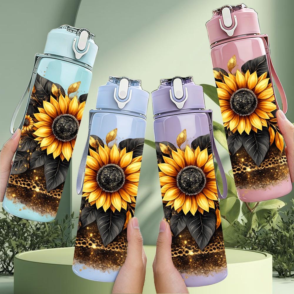 1PC Sunflower Dried Flower Art Print 750ml Color Plastic Sports Water Bottle Leakproof Flip Straw Lid Suitable for Sports Office Home Use