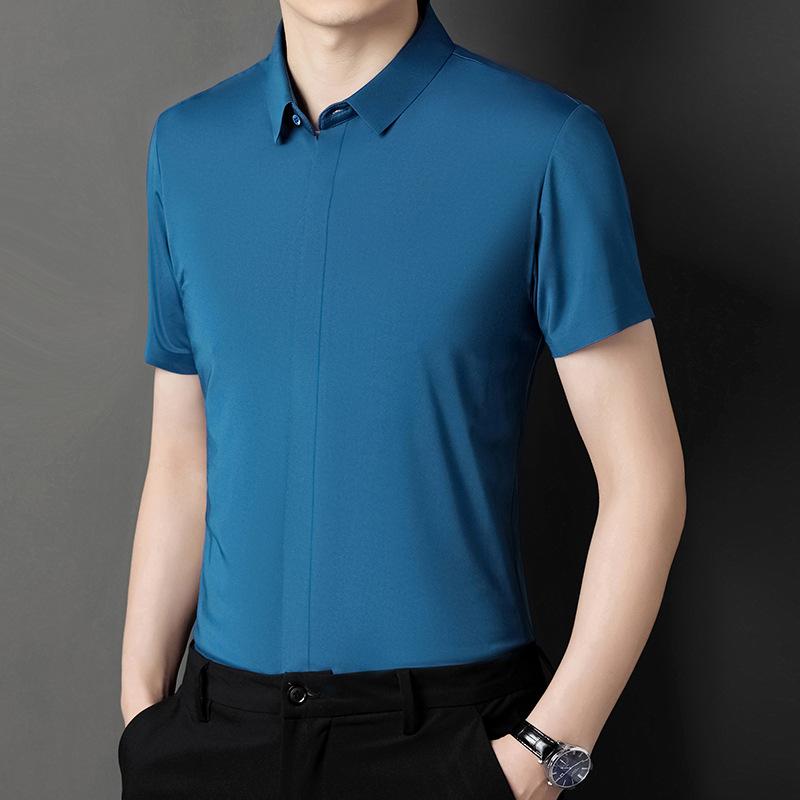 Бесшовная мужская рубашка с короткими рукавами, летняя однотонная одежда для отдыха без железа, тонкая рубашка для папы среднего возраста, мужская рубашка