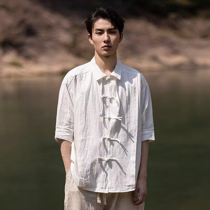 Новая рубашка с длинными рукавами в китайском стиле с застежкой на пуговицы для мужчин, весенние и осенние модели, свободная рубашка в стиле Тан, высококачественный даосский халат ханьфу