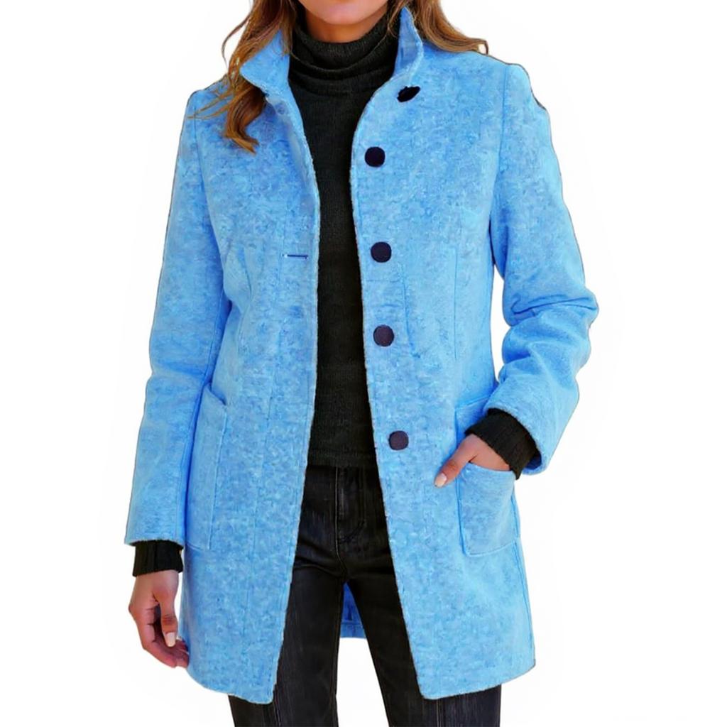 Ladies' Casual And Fashionable Solid Color Button Up Collar Woolen Coat