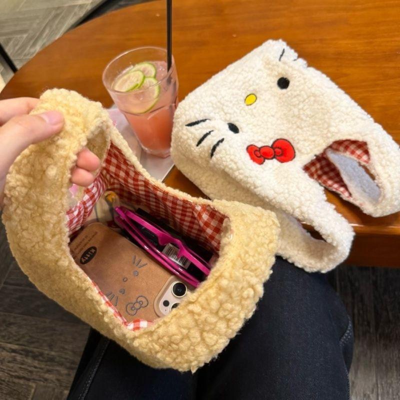 New Hello Kitty Women's Shoulder handbag Cute Cat handbag lamb plaid pattern Women's shoulder handbag Mini Kawaii Shoulder Bag