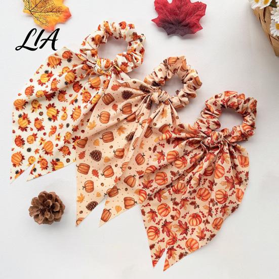 Vintage Pastoral Style Hair Bows Fall Pumpkin Maple Leaf Tie for Women, Bow Knot Ribbon Ponytail Autumn Harvest Ties Holder, Soft Fabric Elastic