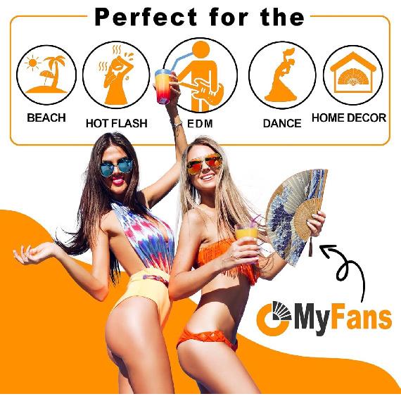 Складной веер для женщин - Складной китайский японский винтажный бамбуковый шелковый веер - Идеально подходит для приливов жара, церкви, EDM, фестивалей, танцев и в качестве подарков