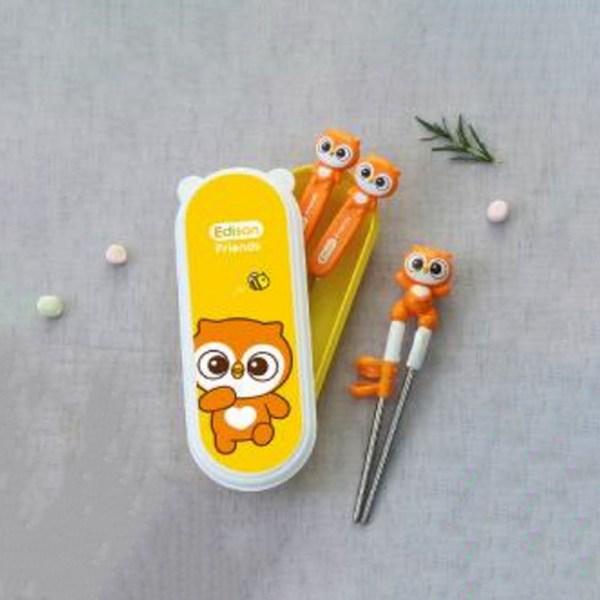 Набор из 4 футляров Edison Friends, правая рука, сова Олли, 2 палочки для еды + 2 ложки + 2 вилки + 2 футляра