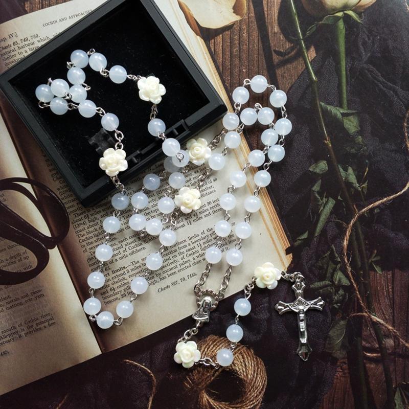 62KD 8 мм Четки Цветок Светящееся Ожерелье с Распятием Иисуса для Подвесок в виде Креста Ожерелья Светятся в Темноте Религиозные Украшения