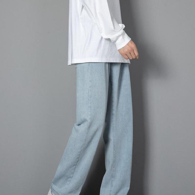 Корейские мужские повседневные длинные джинсы Классические мужские прямые джинсовые широкие брюки Сплошной цвет Голубой Серый Черный