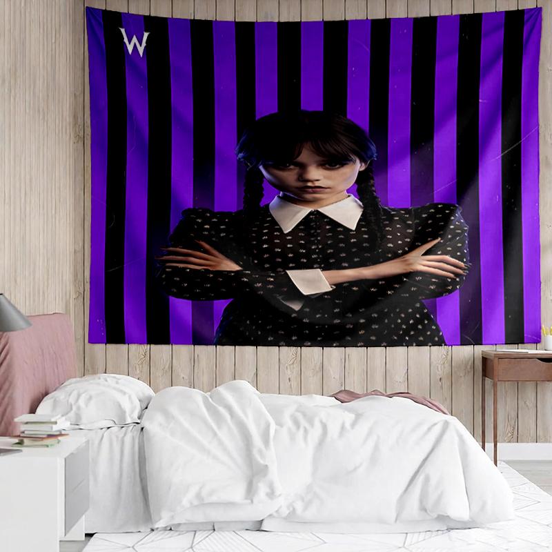 Wednesday Print Tapestry, Backdrop, Easy Setup, Ideal for Bedroom, Office & Living Room, with Aesthetic Wall Hanging Decor.