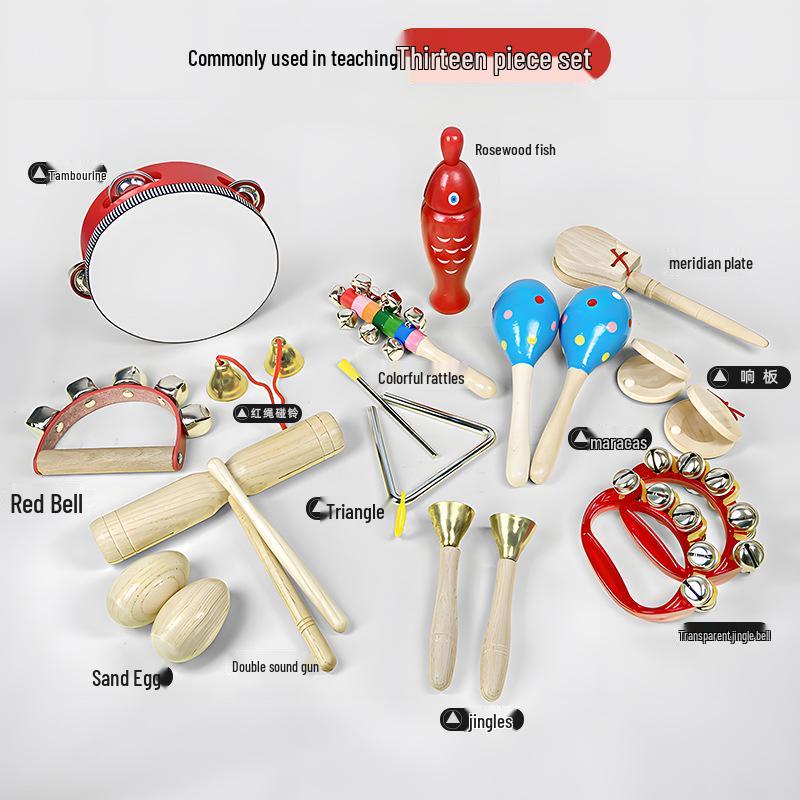 Детские музыкальные инструменты Орфа: Треугольник, Кастаньеты, Маракасы, Бубен, Деревянные бруски, Тарелки