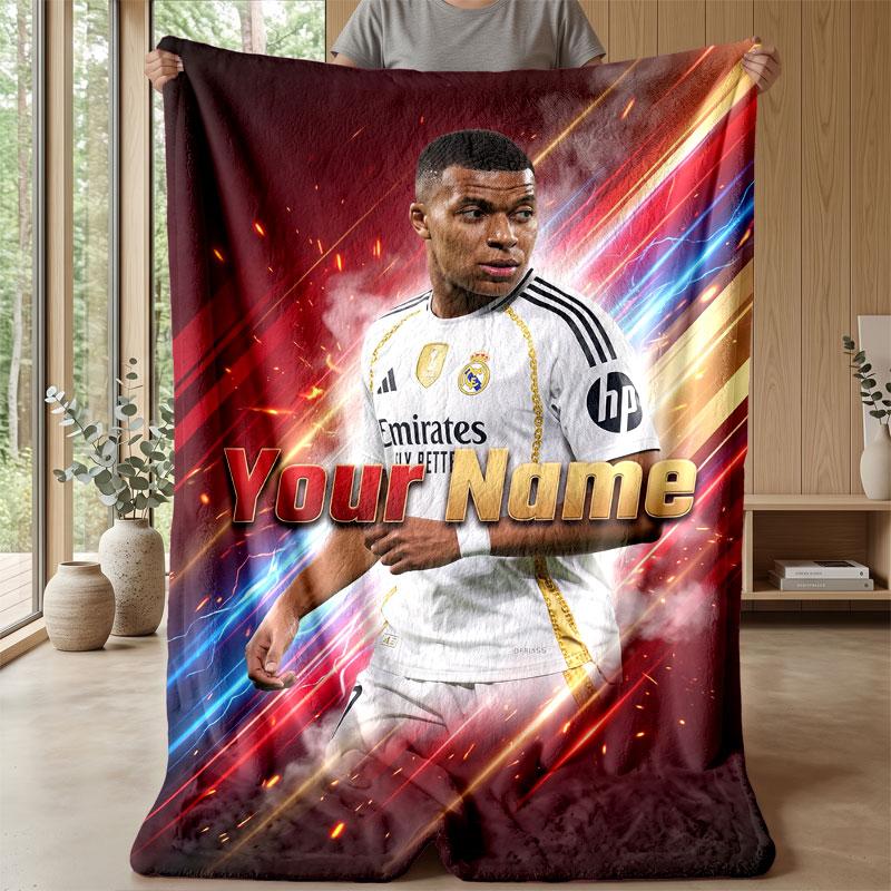 Kylian Mbappe Custom Name Text Flannel Blanket Soccer Logo Personalized Fleece Throw Blanket Special Gift For Sofa Bedroom Home
