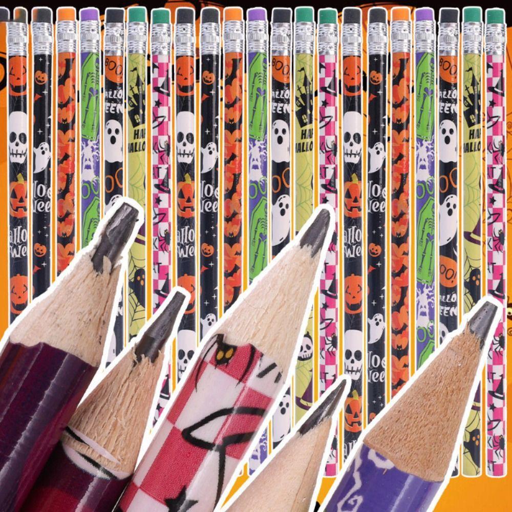12Pcs Stationery Gift Wooden Pencil with Erasers Student Pen New Halloween Writing Pencils