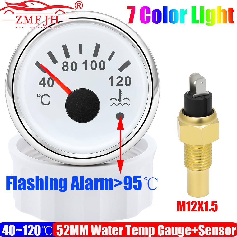 Auto Boat 7 Color LED 2"52MM Water Temperature Gauge with Flash Alarm Temp Sensor 1/8NPT,3/8NPT,M12X1.5,M14X1.5,M16X1.5 Optional