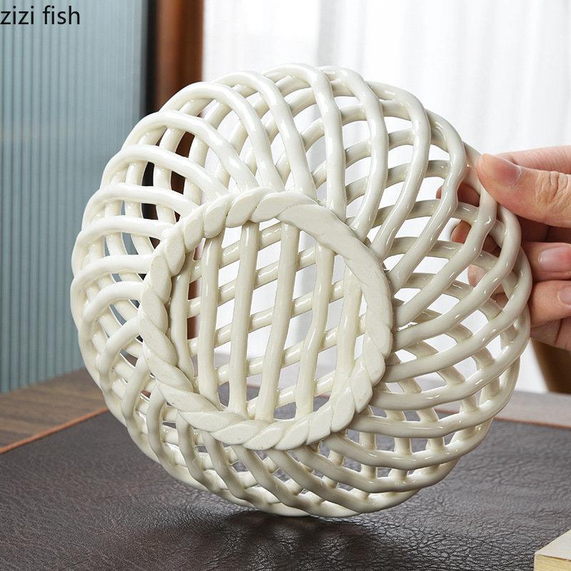 Керамическая тарелка для фруктов, плетеная вручную, блюдо для димсамов, конфетница, тарелки для закусок, полая корзина для фруктов, десертные тарелки, форма для торта, поднос для фруктов