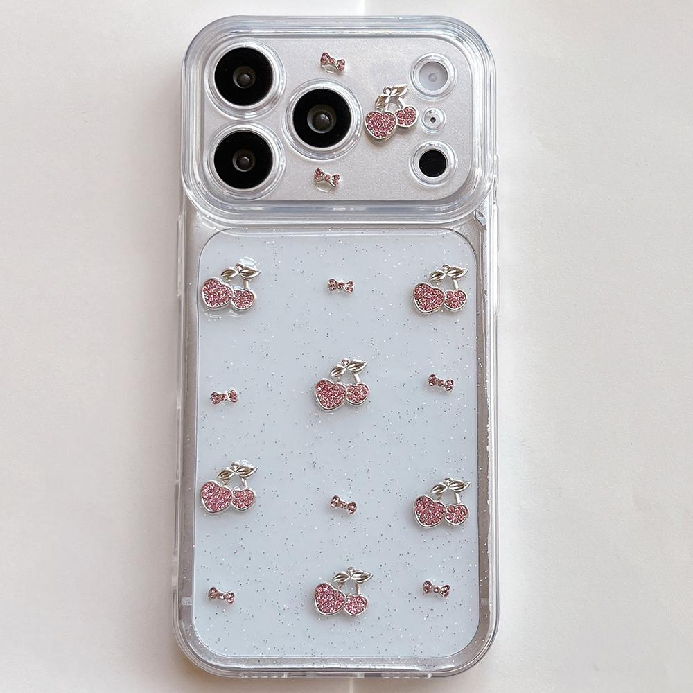 Милый 3D чехол для телефона с бриллиантовой вишней для iPhone 17 16 15 14 13 12 11 Pro Max Мягкий противоударный чехол Эпоксидный блестящий корпус