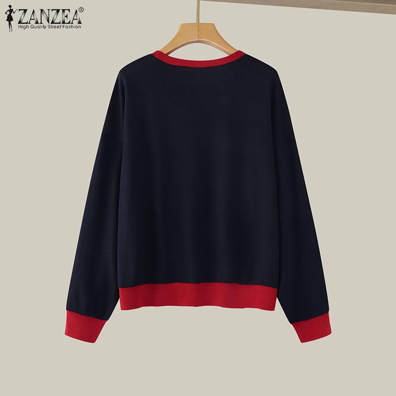 ZANZEA Женские повседневные футболки с круглым вырезом и длинным рукавом в стиле колор-блок