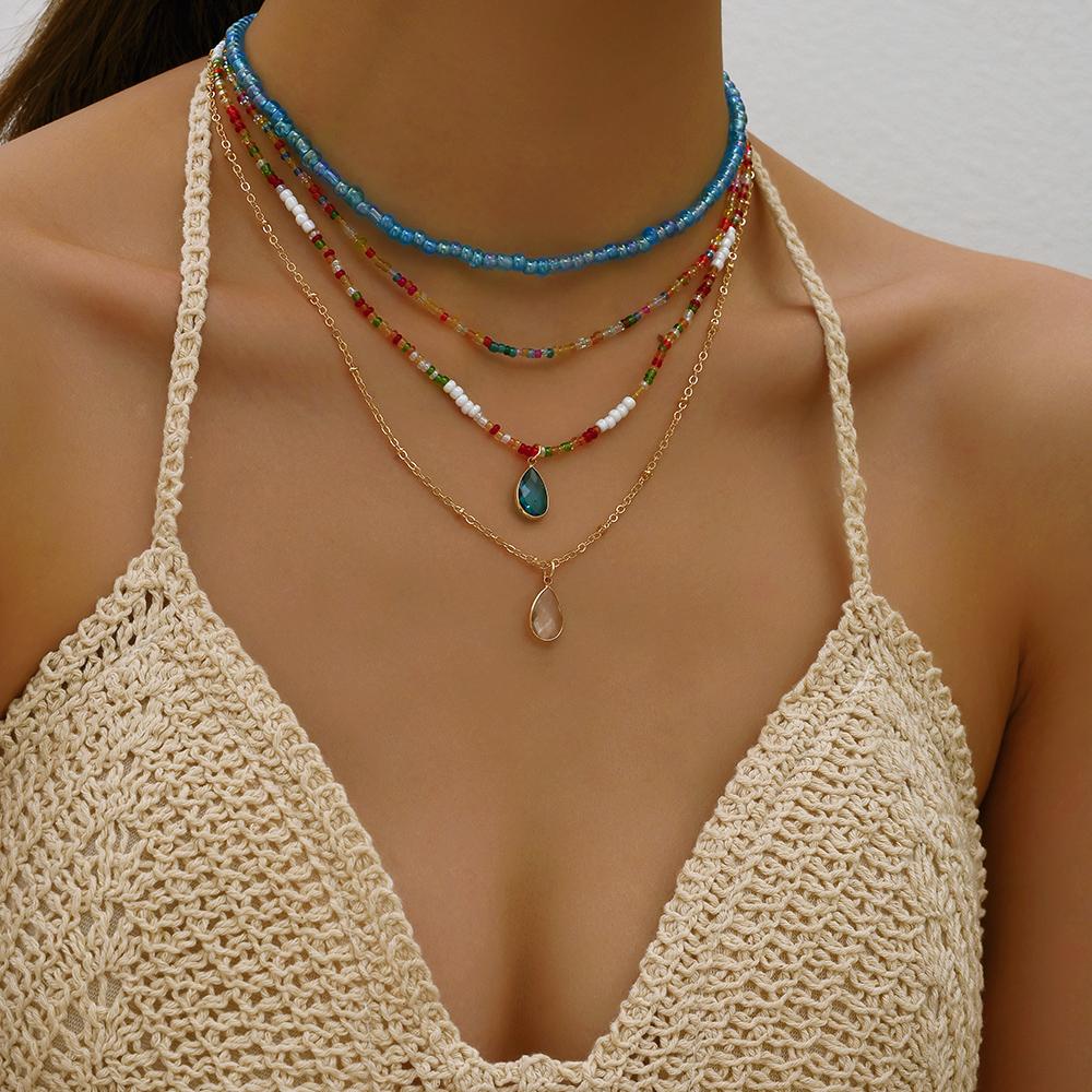 Bohemian Handmade Multilayer Colorful Beads Chain Necklaces Crystal Pendant Jewelry For Women Accessories N0371