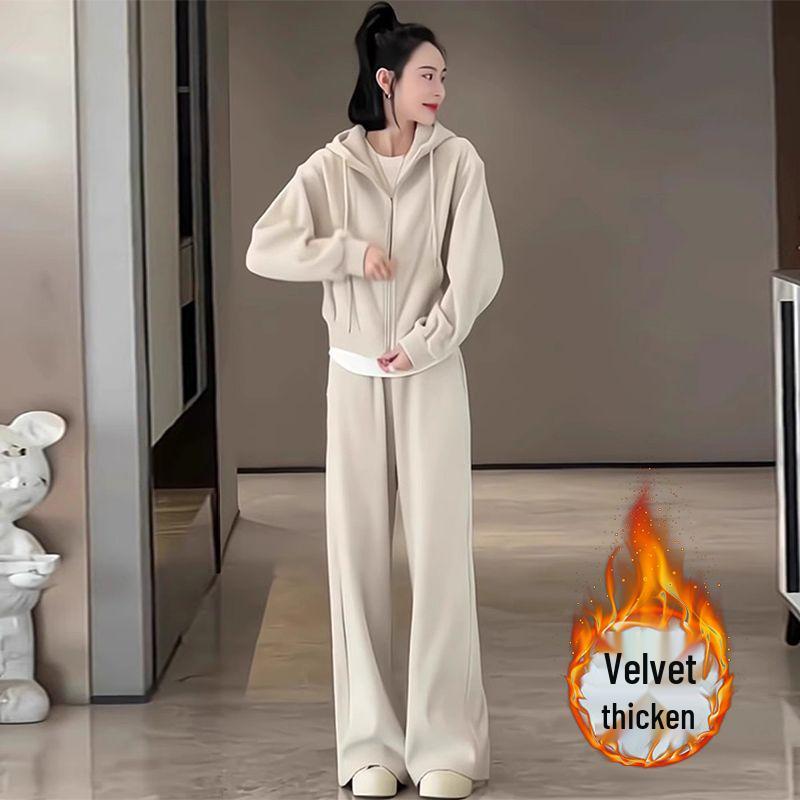 Женский спортивный костюм с флисовой подкладкой для инфлюенсеров: Худи и брюки широкого кроя для осени/зимы, для повседневной носки и бега.