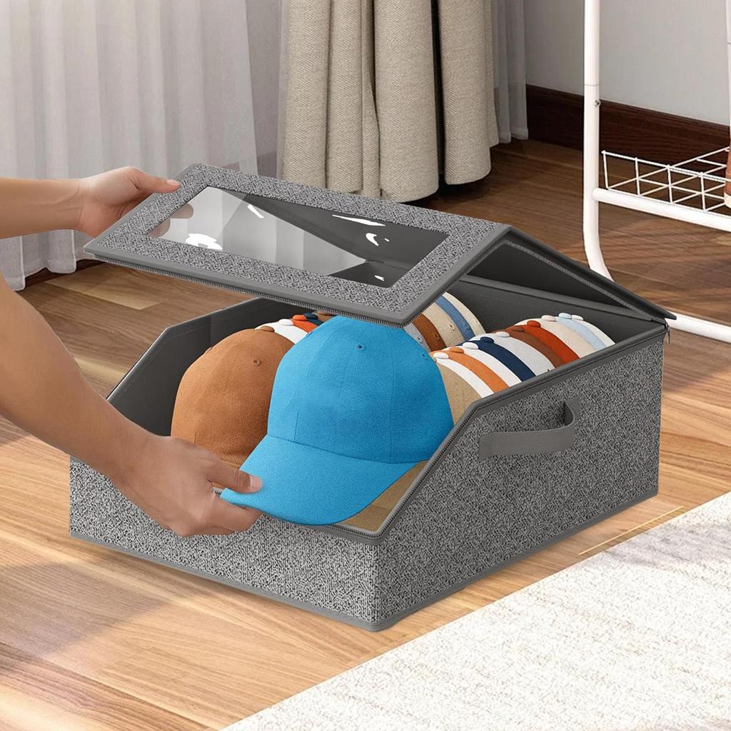 Baseball Hat Storage Box Hat Organizer Box Clear Window Thick Cardboard Container With 2 Handles Storing Up To 24 Hats