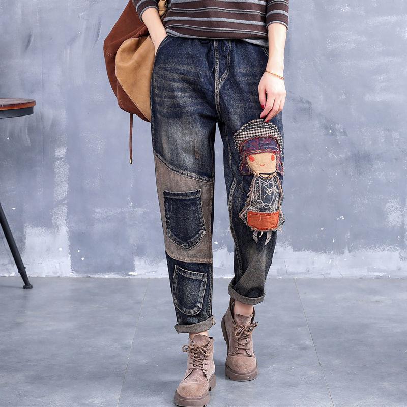 Vintage Style High Waist Denim Pants Women Fashion Embroidery Loose Jeans Female 2022 Autumn Winter Plus Size Woman Harem Pants