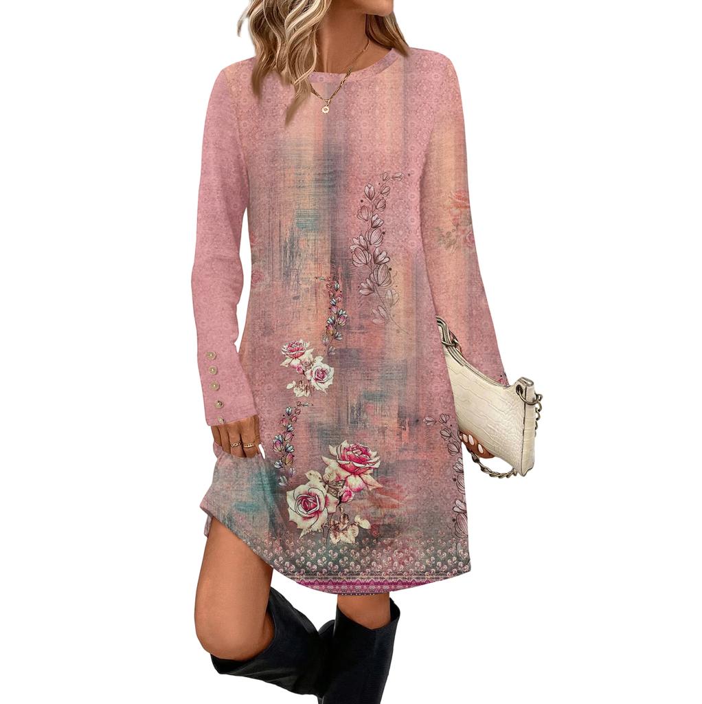 Women's Fashion Casual Dress With Pocket Decorative Buttons, Round Neck And Long Sleeves