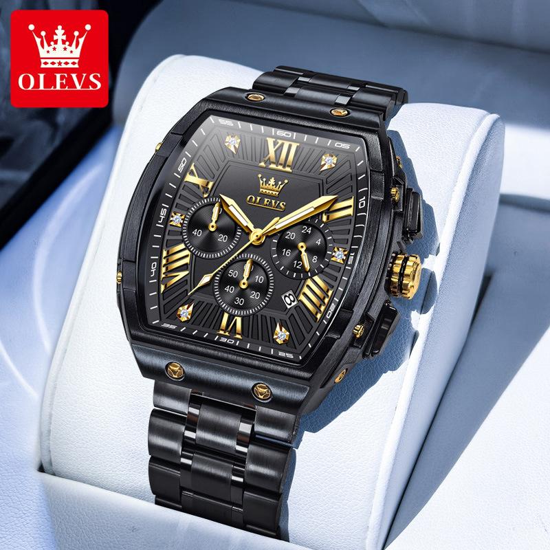 OLEVS Tonneau Watch Men Luminous Waterproof Date Stainless Steel Chronograph Quartz Watches for Men