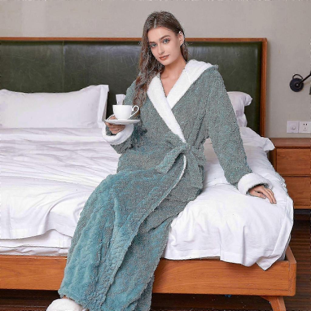 Loose Long Thick Bath Robe Hooded Winter Thick Women Bathrobe Flannel Terry Warm Comfortable Sleepwear for Female Dressing Gown 25-26