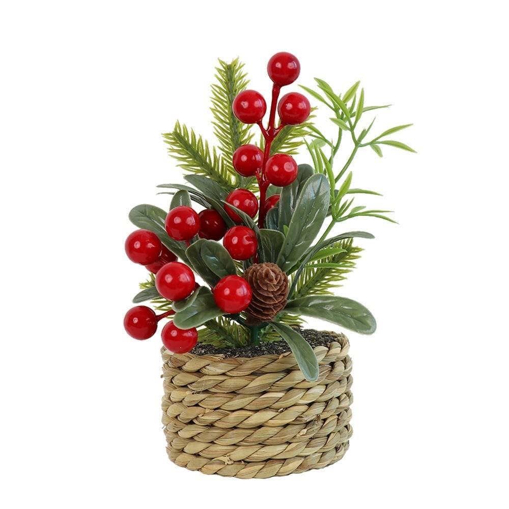 Woven Basket Artificial Christmas Plant Faux Artificial Berries Stem Xmas Red Berry Branches Red Berry Pine Cone