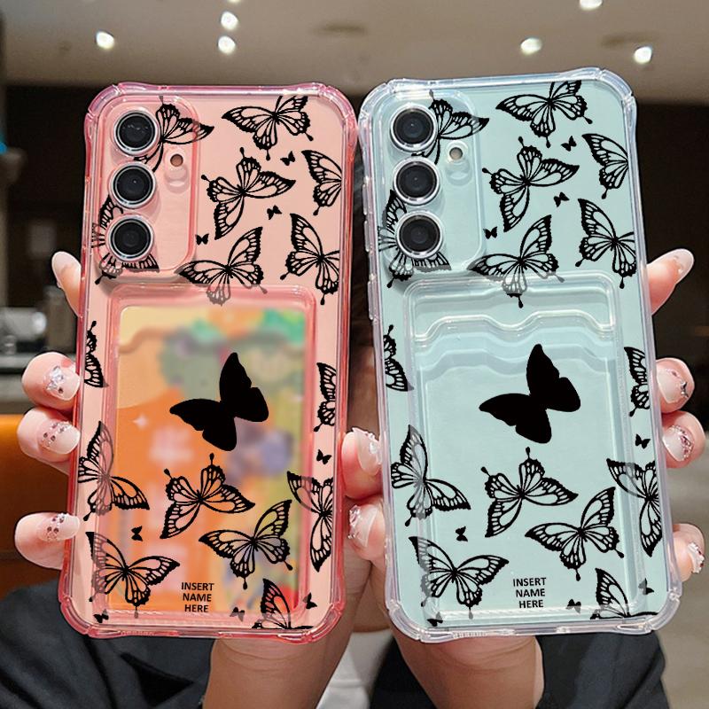 Черный чехол с рисунком бабочки и слотом для карт для Samsung S24 FE S23 Ultra S22 A16 A55 A15 A35 A54 A14, прозрачный противоударный мягкий силиконовый чехол для телефона