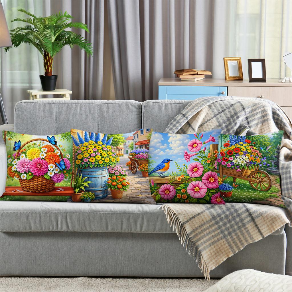 Whimsical Nature Pillow Covers, Bird & Floral Garden Scene Art Decorative Throw Pillow Cases, Playful Home Decor Cushion Covers