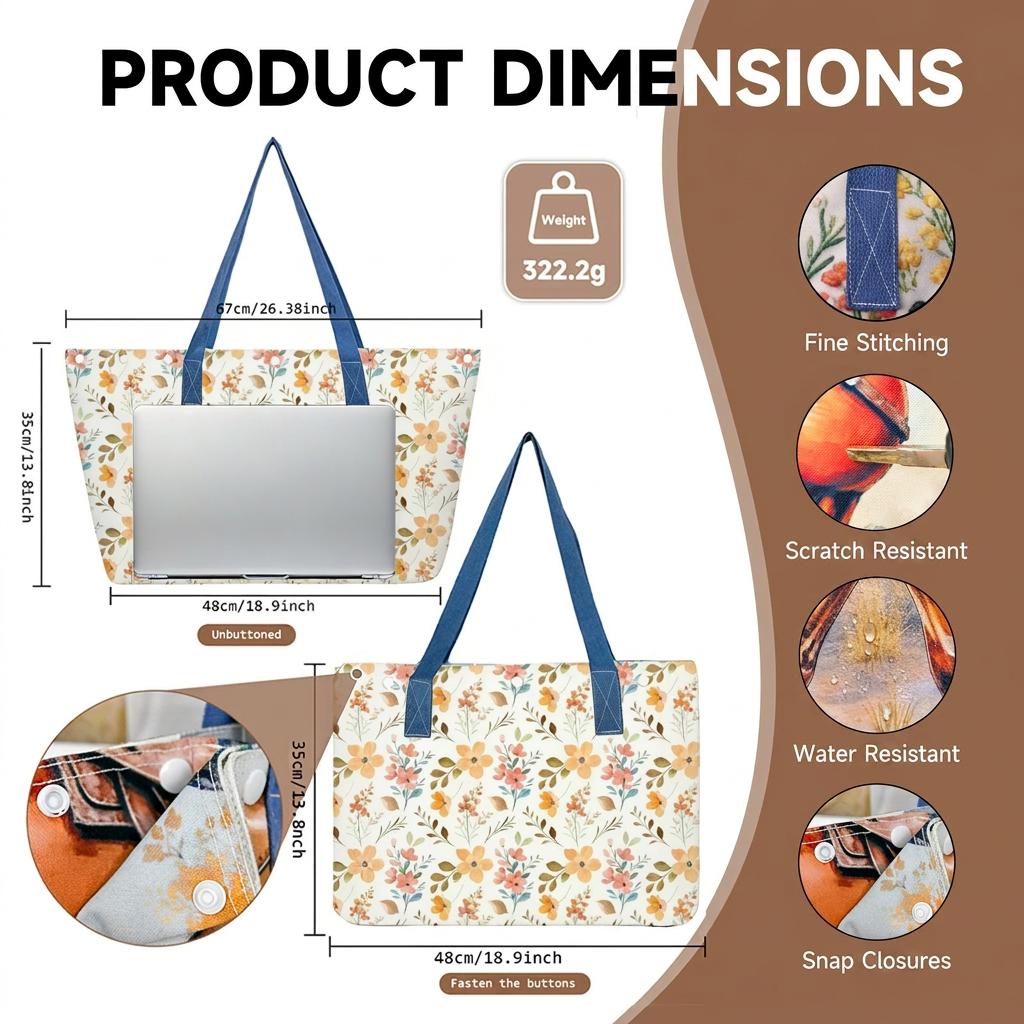 Floral Print Canvas Tote Bag Large Capacity Shopping Bag Eco Friendly Grocery Bag Portable Shoulder Bag Travel Beach Bag