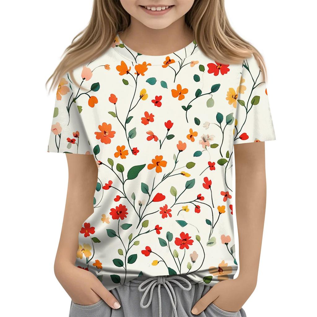Летний топ с круглым вырезом и 3D-цветочным принтом, модные повседневные футболки с короткими рукавами для девочек
