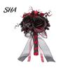 Halloween Flower Bouquet Gothic Wedding Bride Bouquet, Artificial Black Red Rose Spooky with Skeleton Hand Pumpkin Skull for Bridal Bridesmaid